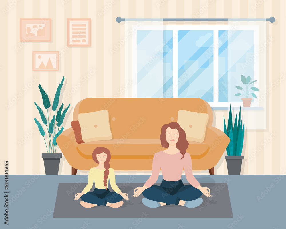 Young mother and daughter do yoga, relieve negative emotions, relaxing at home. A happy family is meditating. Vector illustration of people in the interior in a flat style. Concept for meditation.
