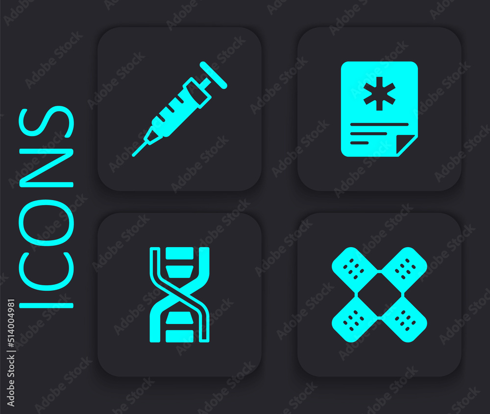 Set Crossed bandage plaster, Syringe, Patient record and DNA symbol icon. Black square button. Vector Set Crossed bandage plaster, Syringe, Patient record and DNA symbol icon. Black square button. Vector