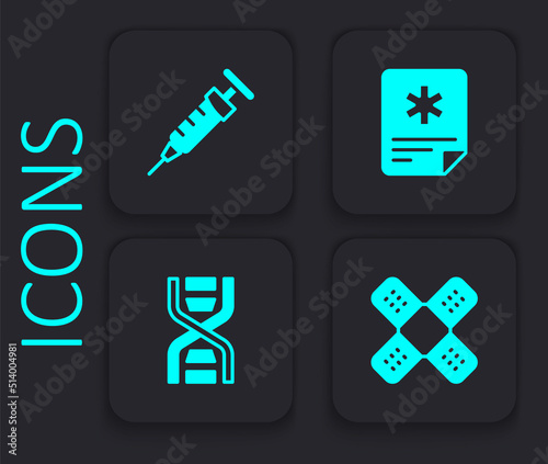 Set Crossed bandage plaster, Syringe, Patient record and DNA symbol icon. Black square button. Vector