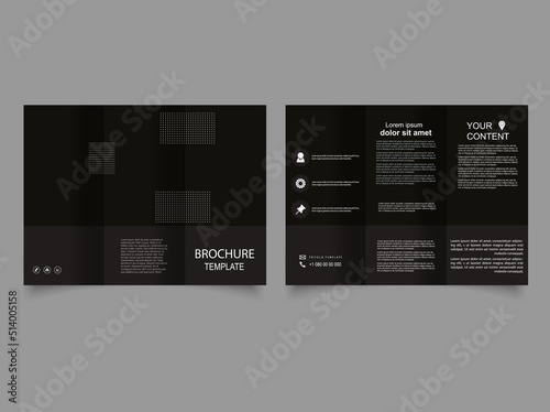 Dark tri fold brochure. Minimal corporate trifold business brochure design template, booklet, a4 brochure, annual report, project proposal, product catalog. Vector graphics.