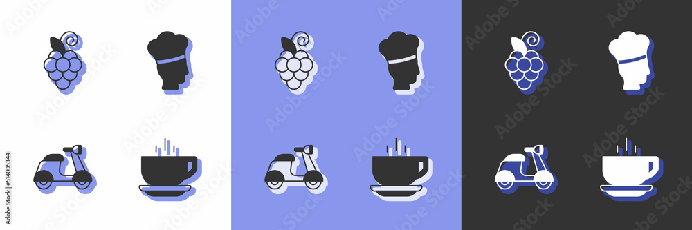 Set Coffee cup, Grape fruit, Scooter and Italian cook icon. Vector