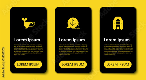 Set Inflatable boat with motor, Anchor and Whale. Business infographic template. Vector