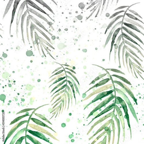  watercolor background from  tropical leaves  palm leaf  floral pattern. Bright Rapport for Paper  Textile  Wallpaper  design. Tropical leaves watercolor. Exotic tropical palm tree. Art pattern