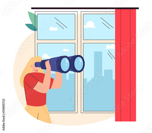 Girl looking out window through binoculars. Tiny young woman holding big lens, watching on city flat vector illustration. Vision, future concept for banner, website design or landing web page