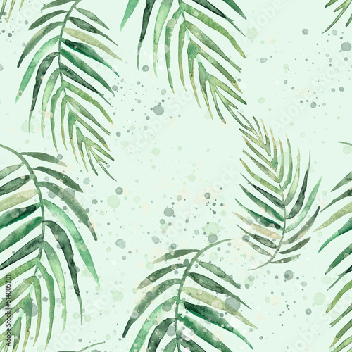 Fototapeta Naklejka Na Ścianę i Meble -   watercolor background from  tropical leaves, palm leaf, floral pattern. Bright Rapport for Paper, Textile, Wallpaper, design. Tropical leaves watercolor. Exotic tropical palm tree. Art pattern