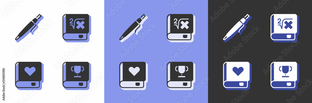 Set Book, Pen, Romance book and with mathematics icon. Vector Set Book, Pen, Romance book and with mathematics icon. Vector