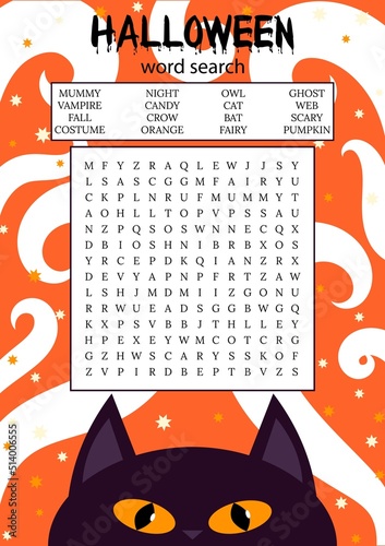 Halloween word search puzzle. October crossword game.  Worksheet for learning English words. Autumn theme. Suitable for social media post. Words can be found horizontal, vertical and diagonal.
