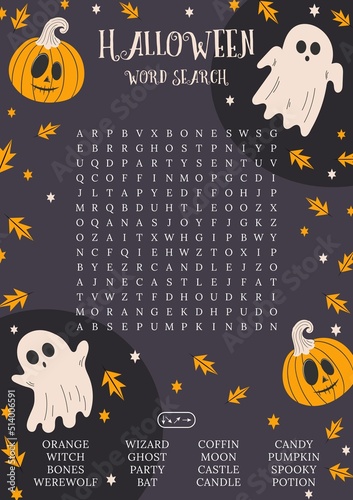 Halloween word search puzzle. October crossword game.  Worksheet for learning English words. Autumn theme. Suitable for social media post. Ghost and pumpkins vector illustration.Printable party card.