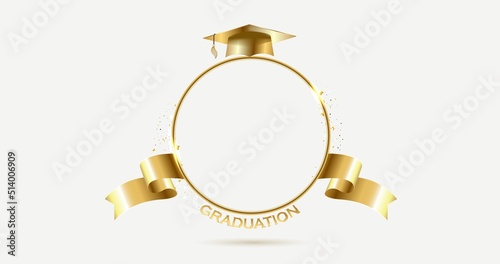 Golden round frame with a graduate hat. Vector graduation ceremony hat student hat education white