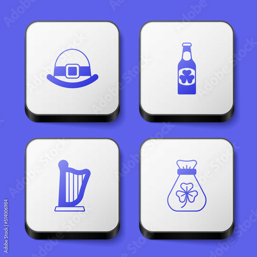 Set Leprechaun hat, Beer bottle with clover, Harp and Money bag icon. White square button. Vector