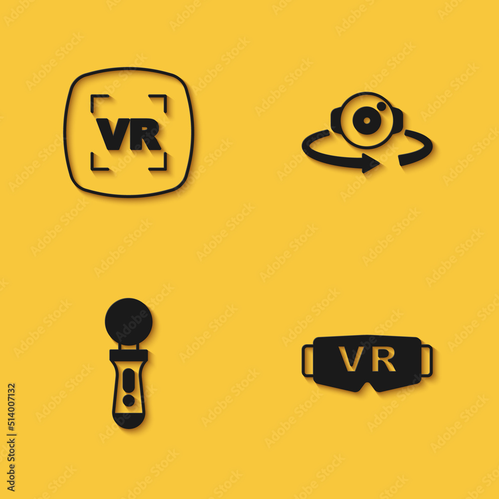 Set Virtual reality, glasses, VR controller game and 360 degree view icon with long shadow. Vector Set Virtual reality, glasses, VR controller game and 360 degree view icon with long shadow. Vector