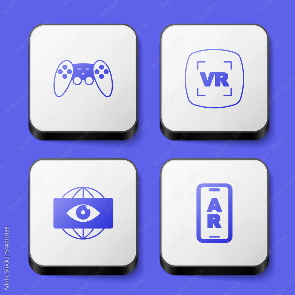 Set Gamepad, Virtual reality, Big brother electronic eye and Augmented AR icon. White square button. Vector Set Gamepad, Virtual reality, Big brother electronic eye and Augmented AR icon. White square button. Vector