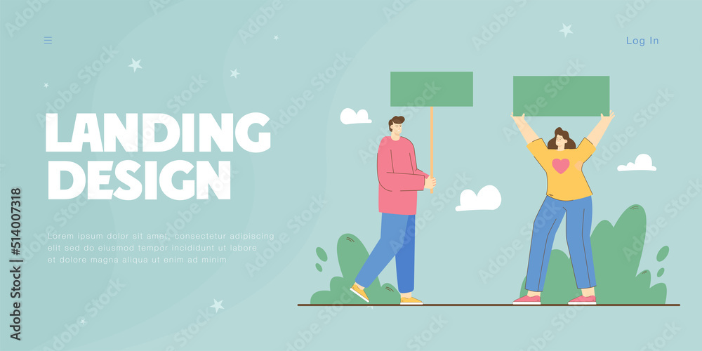 Young man and woman holding placards in hands. People organizing demonstration or meeting flat vector illustration. Human rights struggling concept for banner, website design or landing web page