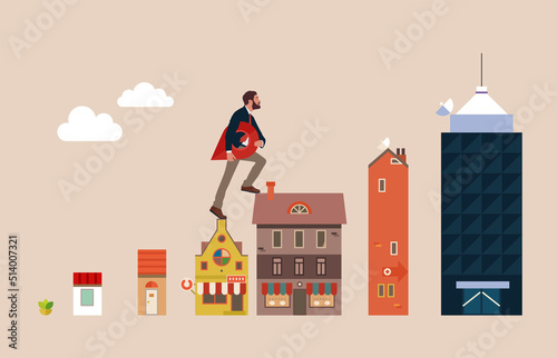 Businessman walking up Ascending buildings forming bar graph. Property investment and mortgage business.
