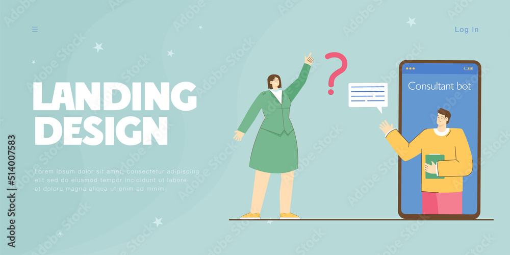 Woman asking question to online consultant on phone screen. Customer support or service bot flat vector illustration. Communication, technology concept for banner, website design or landing web page Woman asking question to online consultant on phone screen. Customer support or service bot flat vector illustration. Communication, technology concept for banner, website design or landing web page