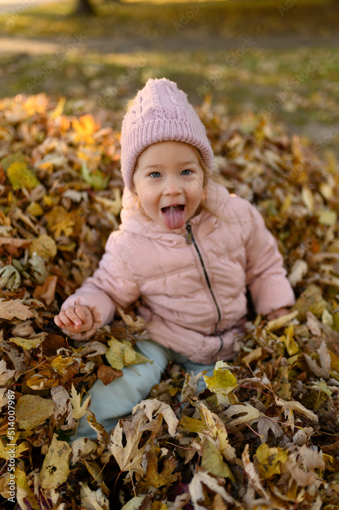 A little girl plays in a pile of autumn foliage. A little girl plays in a pile of autumn foliage.