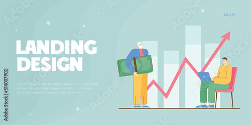 Tiny man holding money and worker with laptop on diagram background. Businessman investing in startup flat vector illustration. Finance concept for banner, website design or landing web page