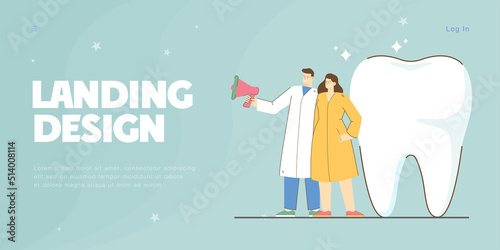 Tiny dentists with megaphone in hand standing near healthy tooth. Medical professions giving recommendations flat vector illustration. Dentistry concept for banner, website design or landing web page