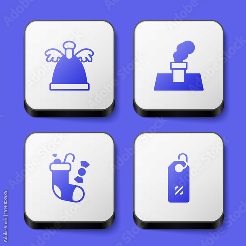 Set Angel, Christmas chimney, stocking and Discount percent tag icon. White square button. Vector