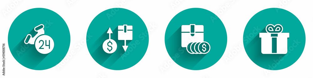 Set Telephone 24 hours support, Tax cardboard box, Item price tag with dollar and Gift icon with long shadow. Vector Set Telephone 24 hours support, Tax cardboard box, Item price tag with dollar and Gift icon with long shadow. Vector