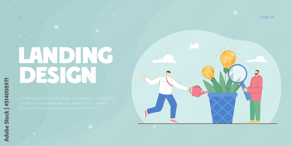 Tiny businessman watering plant with light bulbs and man with magnifier. Employer helping to create ideas flat vector illustration. Brainstorming concept for banner, website design or landing web page