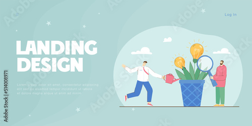 Tiny businessman watering plant with light bulbs and man with magnifier. Employer helping to create ideas flat vector illustration. Brainstorming concept for banner, website design or landing web page
