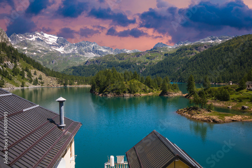 Beautiful view of Devero lake or Codelago at summer sunset in Piedmont