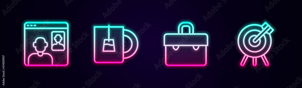 Set line Video chat conference, Cup of tea, Briefcase and Target financial goal. Glowing neon icon. Vector Set line Video chat conference, Cup of tea, Briefcase and Target financial goal. Glowing neon icon. Vector