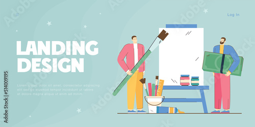 Tiny investor investing money in art work of artist. People with painting tools and easel flat vector illustration. NFT, marketplace, investment concept for banner, website design or landing web page