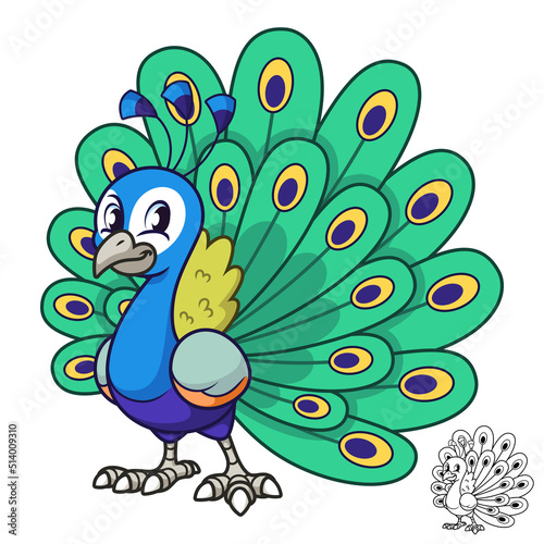 Cute Peacock Standing with Black and White Line Art Drawing