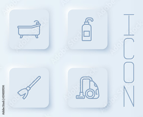 Set line Bathtub, Antibacterial soap, Handle broom and Vacuum cleaner. White square button. Vector