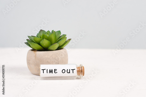 Cactus in a pot on a grey background, glass bottle with the phrase time out, work life balance, desk at an office
 photo