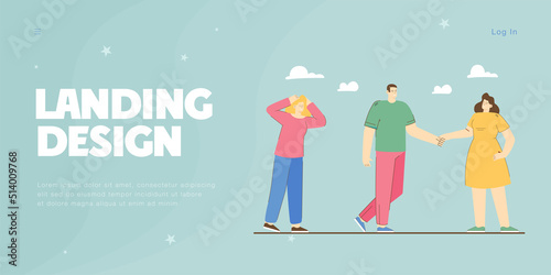 Sad woman looking at happy couple holding each others hands. People in love triangle flat vector illustration. Relationship, jealousy, love concept for banner, website design or landing web page photo