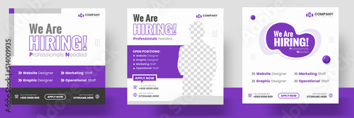 We are hiring job vacancy social media post banner design template with purple color. We are hiring job vacancy square web banner design.
