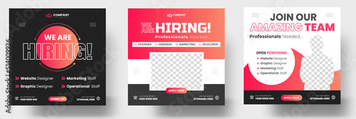 We are hiring job vacancy social media post banner design template with red color. We are hiring job vacancy square web banner design.