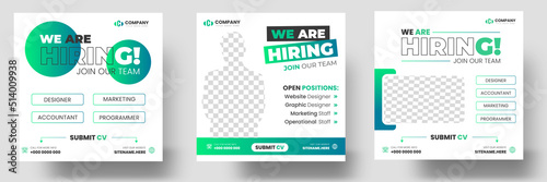 We are hiring job vacancy social media post banner design template with green color. We are hiring job vacancy square web banner design.