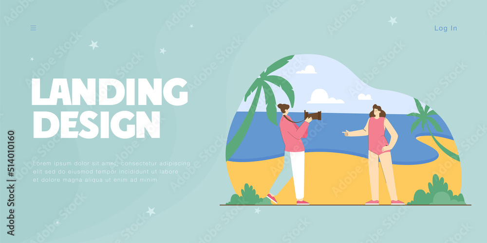 Photographer taking picture of girl in bikini on tropical beach. Man holding photo camera flat vector illustration. Photography, vacation concept for banner, website design or landing web page Photographer taking picture of girl in bikini on tropical beach. Man holding photo camera flat vector illustration. Photography, vacation concept for banner, website design or landing web page