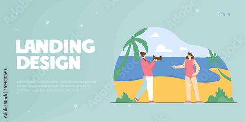 Photographer taking picture of girl in bikini on tropical beach. Man holding photo camera flat vector illustration. Photography, vacation concept for banner, website design or landing web page