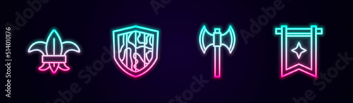 Set line Fleur de lys or lily flower, Shield, Medieval poleaxe and flag. Glowing neon icon. Vector