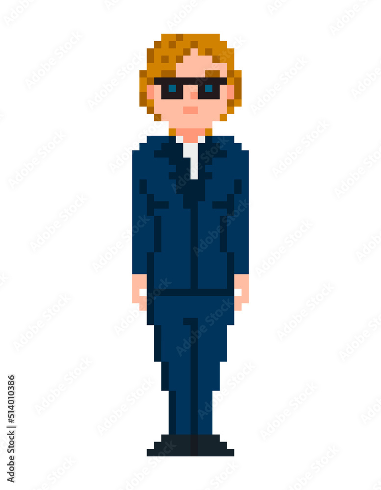 Business woman wearing glasses pixel character. Character for video game. Vector, isolated.