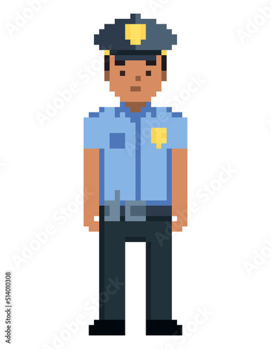Policeman pixel game style illustration. Cop vector pixel art design. 8 bit sheriff character icon. Officer isolated on white background.