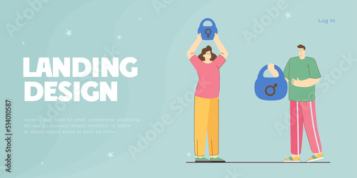 People holding weight with symbols for man and woman. Both sexes competing in strength flat vector illustration. Competition, family relationship concept for banner, website design or landing web page