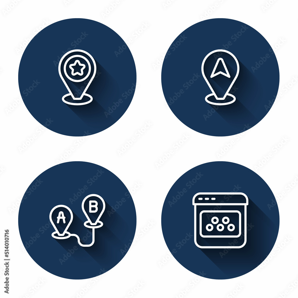 Set line Location with star, taxi car, Route location and Taxi mobile app with long shadow. Blue circle button. Vector Set line Location with star, taxi car, Route location and Taxi mobile app with long shadow. Blue circle button. Vector