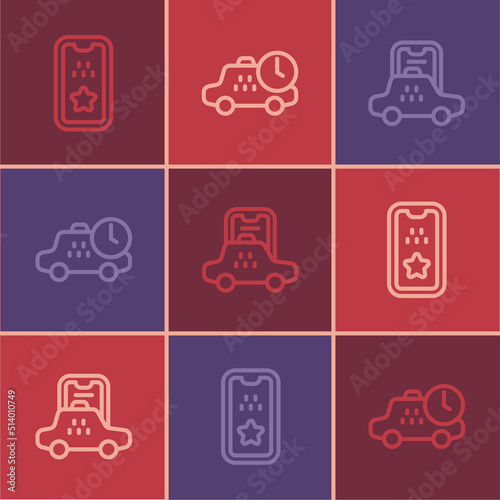 Set line Taxi mobile app, and waiting time icon. Vector