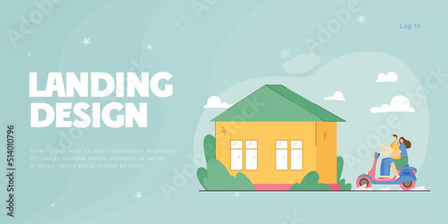 Married couple riding moped and looking at new house. Male and female characters having weekend out of town flat vector illustration. Holiday concept for banner, website design or landing web page