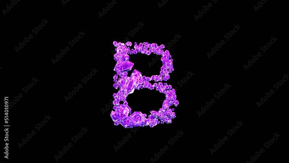 letter B made of rose glamorous gemstones or symbol on black, isolated - object 3D illustration