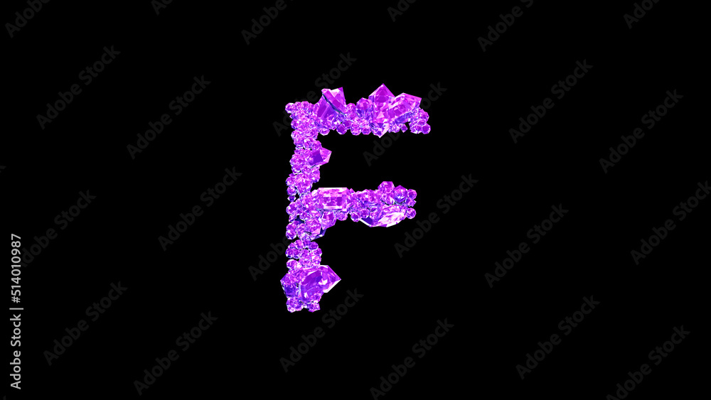 letter F made of purple fashion gems or symbol on black, isolated - object 3D rendering