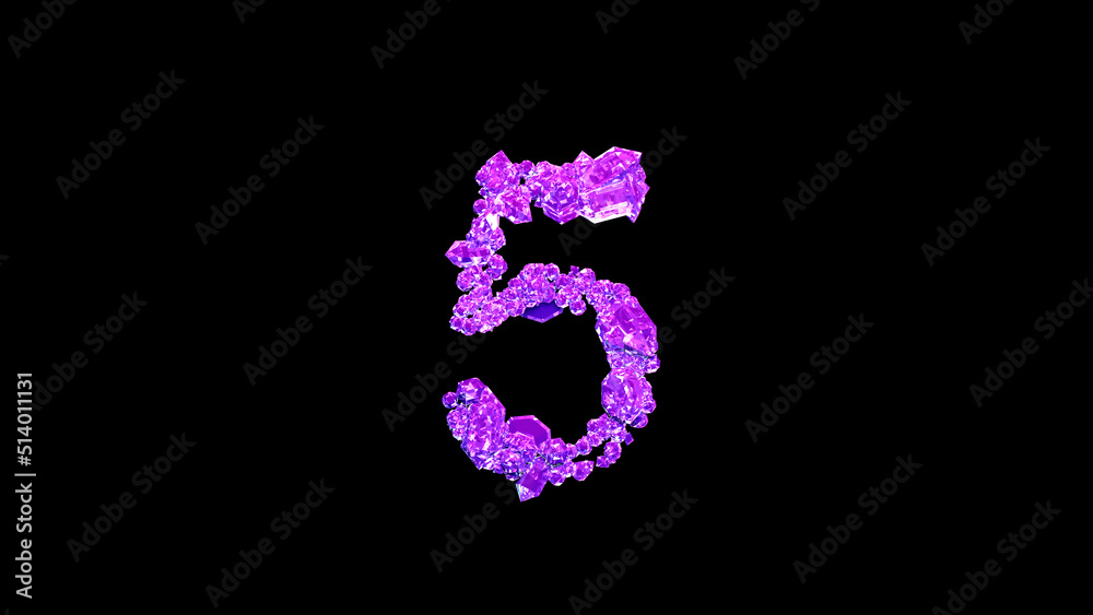 number 5 made of pink lux gem stones or symbol on black, isolated - object 3D rendering