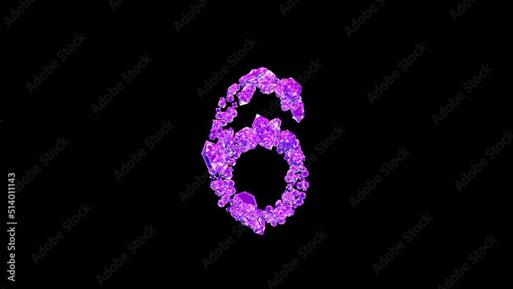 number 6 made of pink fashion diamonds or symbol on black, isolated - object 3D rendering