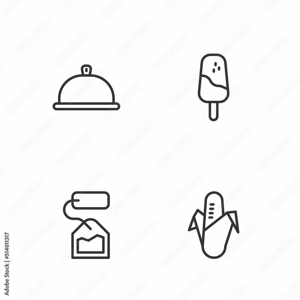 Set line Corn, Tea bag, Covered with tray of food and Ice cream icon. Vector Set line Corn, Tea bag, Covered with tray of food and Ice cream icon. Vector